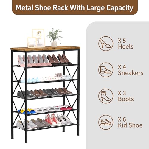 6 Tiers Metal Shoe Rack，Large Capacity Shoe Rack Holds 24 Pairs of Shoes, Durable and Stable, Adjustable Metal Shelf Stackable Shoe Shelf for Entryway, Hallway, Living Room, Closet - color: Rustic Brown, size: 27.8" x 10.8" x 39.2"
