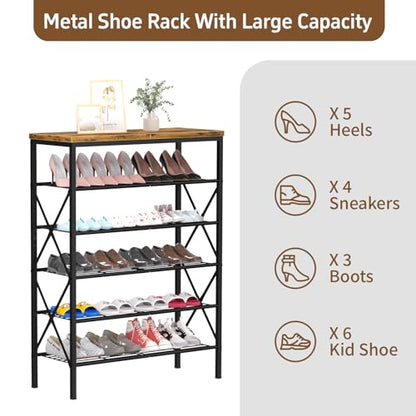 6 Tiers Metal Shoe Rack，Large Capacity Shoe Rack Holds 24 Pairs of Shoes, Durable and Stable, Adjustable Metal Shelf Stackable Shoe Shelf for Entryway, Hallway, Living Room, Closet - color: Rustic Brown, size: 27.8" x 10.8" x 39.2"
