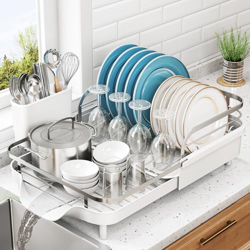 SNTD Expandable Dish Drying Rack for Kitchen Counter, 15.2-22.1 in, White | Rust-Resistant Stainless Steel, Protective Side Rails, Self-Draining Drainboard, Removable Utensil Holder - color: White