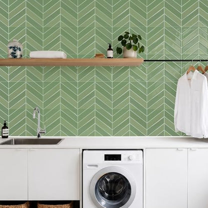 STICKGOO Herringbone Peel and Stick Backsplash, Olive Green, 10 Sheets | 12.6 x 9.7 in, Thicker Rectangular Vinyl Stick-On Wall Tiles, Easy Alignment, Waterproof, Easy to Clean, Kitchen/Bathroom - color: Olive Green, size: Pack of 10