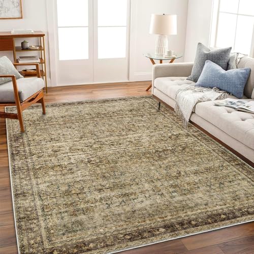 CHAMPLANT Area Rug 8x10 Washable Rug Brown Vintage Traditional Mat Distressed Indoor Foldable Thin Retro Accent Floral Non Slip Carpet Living Room Dining Room Office - color: Green and Brown, size: 8' x 10' (Rectangular)