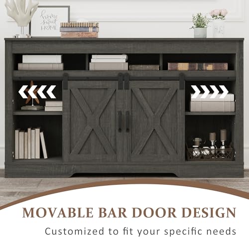 RoyalCraft Farmhouse TV Stand for 65+ Inch TV, 34'' Tall Entertainment Center with Sliding Barn Doors, Rustic Wood Media Console Storage Cabinet Television Stand for Living Room, Bedroom (Dark Grey) - color: Dark Grey, style: Without Fireplace
