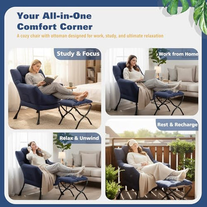Lazy Chair with Ottoman, Comfy Reading Chair for Bedroom，Navy | Comfy Bedroom Accent Chair with Washable Removable Cover and extra throw pillow for Living Room Dorm - color: Peach Navy-1
