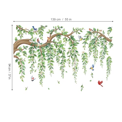wondever Tree Branch Wall Decals Hanging Green Leaves Wall Stickers (XL) | Peel and Stick, Removable, Wall Art Decals, Wall Decoration, Living Room Bedroom, Office Sofa TV Home Wall Decor