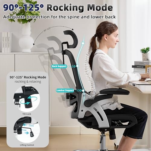 Fizzin Office Chair Mesh Desk Chair with 3D Armrests Computer Chair | Ergonomic Office Chair with Adjustable Lumbar Support and Headrest 125° Tilt and Wide Mesh Cushion High Back Home Desk Chair - color: Black