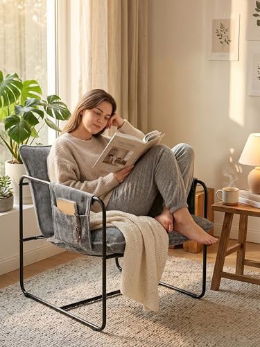 Modern Accent Chair Comfortable Living Room Chairs with Armrests, Lounge Chair with Metal Frame Chenille Upholstered Bedroom Reading Chair - color: Grey