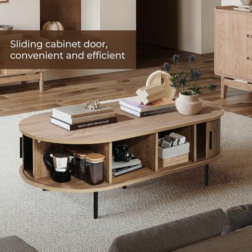 LuxenHome 47" Oval Coffee Table with Storage and Sliding Door | Mid Century Modern Coffee Table for Living Room, Sliding Door Center Table with Hidden Storage Space, Metal Legs