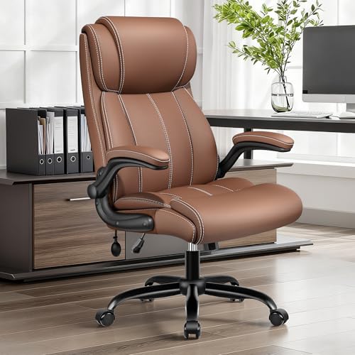 BESTFAIR Ergonomic Office Chair, Comfy High Back Home Desk Computer Chair | PU Leather Executive Chair with Inflatable Lumbar Support & Flip-up Arms, Lower Back & Neck Support, Rocking Swivel, Brown - color: Brown, size: 1 Pack