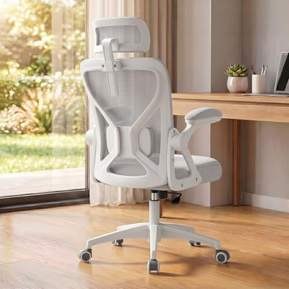 VASAGLE Office Chair, Adjustable Mesh with Lumbar Support and Headrest | Ergonomic desk chair, 90-105° tilt function, wide seat, flip-up armrests, Dove Gray UOBN044GD01S - color: Dove Gray, size: Set of 1, style: Office Chair With Headrest