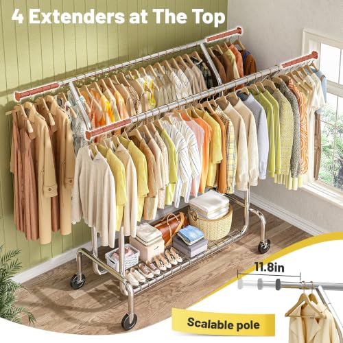 Raybee Heavy Duty Clothes Rack 630 LBS Double Rods Sturdy Shelves & Wheels | Rolling Clothing Rack with 360° Lockable Wheels, Easy Assembly, Portable Adjustable Garment Rack for Home & Commercial - color: Silver