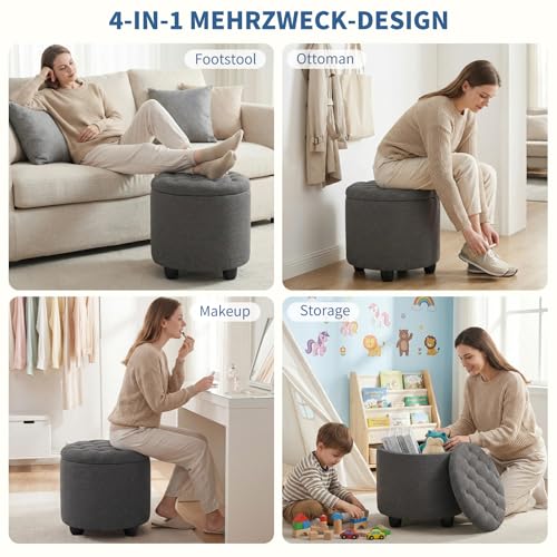 19 Inch Storage Round Ottoman, Footstools with Hidden Storage with Removable Lid, Stylish Button Tufted Design Ottoman Foot Stools for Living Room, Bedroom, Darkgrey - color: Grey