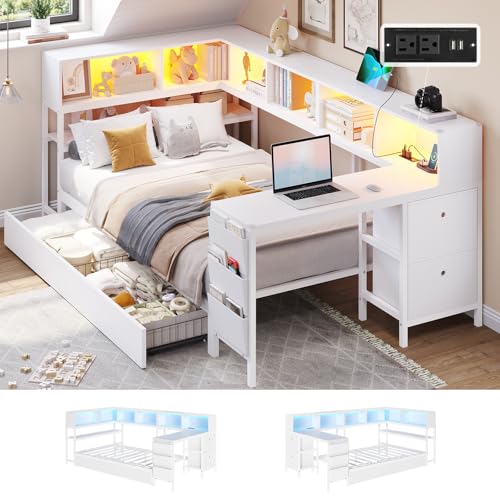 DICTAC Corner Twin Bed Frame with Desk,Charging Station and Bookcase Storage Metal Platform Bed Frame with Storage Drawers and Led Lights Twin Size Daybed with Desk and Shelves for Kids/Teen,White - color: White, size: Twin