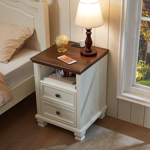 Farmhouse Side Table with Charging Station, White | Antique Nightstands for Bedroom with Drawers, Bedside Table with Open Shelf & Thickened Top & Square Wooden Legs - color: White, size: 18"D x 18"W x 25"H (2 Drawers)