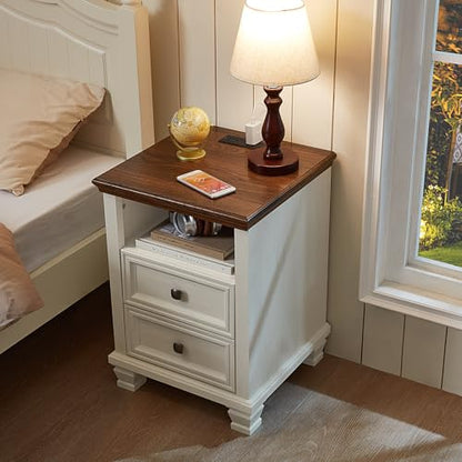 Farmhouse Side Table with Charging Station, White | Antique Nightstands for Bedroom with Drawers, Bedside Table with Open Shelf & Thickened Top & Square Wooden Legs - color: White, size: 18"D x 18"W x 25"H (2 Drawers)