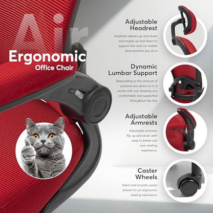Oline ErgoAir Ergonomic Office Chair – Adjustable Lumbar Support, Flip-Up Armrests, Mesh Computer Desk Chair, Swivel Rolling Executive Gaming Chair for Home & Office (Red) - color: Red