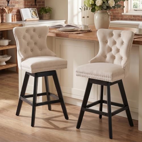 Kitchen Swivel Bar Stools with Solid Wood Legs Upholstered Counter Stools Set of 2, Beige - color: Beige-swivel, size: Set of 2