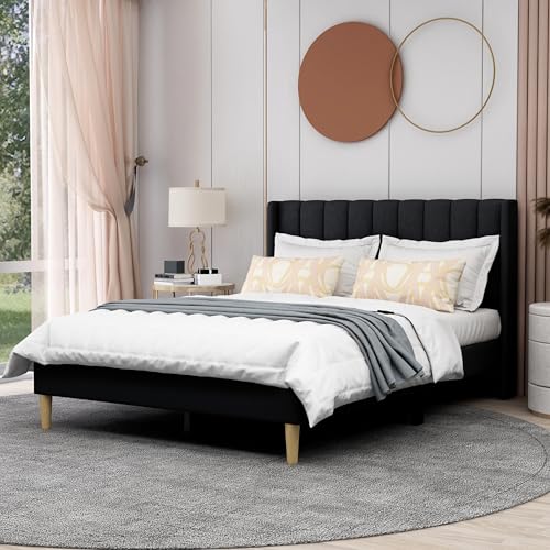 AGARTT Upholstered Platform Bed Frame Full Size, Black Linen | Headboard and Footboard/Wooden Slats Support/No Box Spring Needed/Easy Assembly - color: Black Linen, size: Full