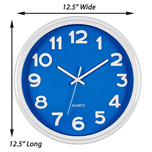 Bernhard Products Blue Wall Clock 12.5 Inch Silent Non-Ticking Modern Stylish Quartz Clocks for Home Kitchen Office Bedroom Boy's Room Nursery Kids School Classroom Battery Operated Easy to Read - style: True Blue