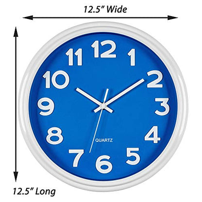 Bernhard Products Blue Wall Clock 12.5 Inch Silent Non-Ticking Modern Stylish Quartz Clocks for Home Kitchen Office Bedroom Boy's Room Nursery Kids School Classroom Battery Operated Easy to Read - style: True Blue