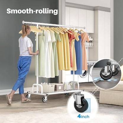 HOKEEPER Clothes Rack Collapsible Clothing Rack Capacity 525LBS White | Clothing Racks on Wheels Heavy Duty Rolling Clothes Rack for Hanging Clothes for bedroom, Commercial, 22"D x 75"W x 71"H - color: White