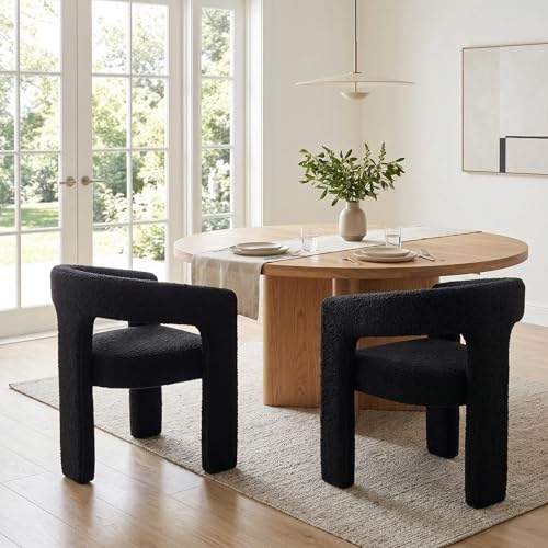HNY Modern Sherpa Barrel Single Dining Chair, Black | Upholstered Accent Armchair With 18.21" Wide Seat No Assembly Required For Living Room Bedroom Vanity Small Spaces - color: Black Sherpa