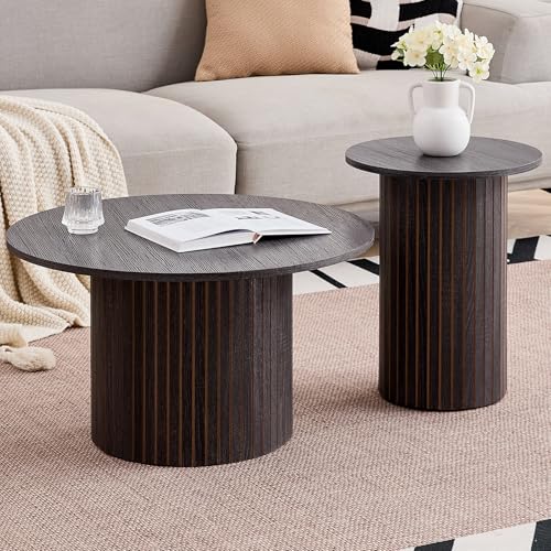 Round Nesting Coffee Table Set of 2 Mid Century Modern Wood Round Coffee Tables with Flexible Small Boho Circle Side Table for Space Saving Living Room Comedor Home Office Bedroom(Black) - color: 2pcs Black