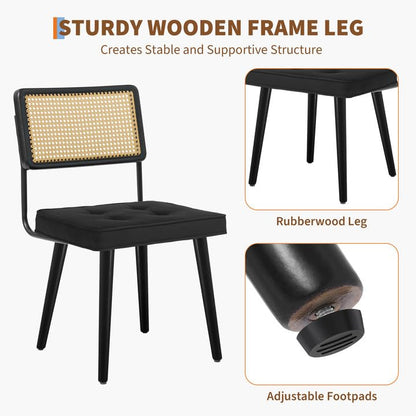 GarveeHome Natural Rattan Dining Chairs Set of 4, Velvet Upholstered Kitchen Chairs with Tall Cane Backrest and Strong Wood Legs for Dining Room, Kitchen, Restaurant, Black - color: Black, size: 4 PCS