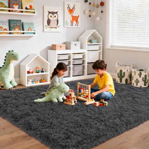 Large Area Rugs 6x9, Fluffy Shag Living Room Carpets, Plush Shag Rug | Anthracite Gray Non Slip Rugs, Modern Indoor Carpet for Living Room Kids Room Nursery Playroom Dorm Home Decor - color: Anthracite Gray, size: 6' x 9' (Rectangular)
