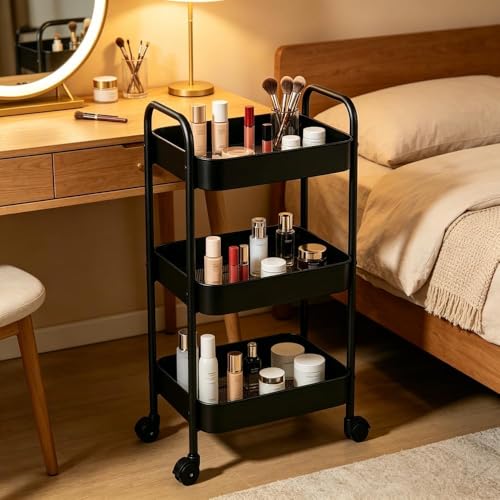 Multifunctional Rolling Utility Cart, 3-Tier Wheeled Storage Organizer with Brakes, Portable Shelving Unit for Home & Office Black