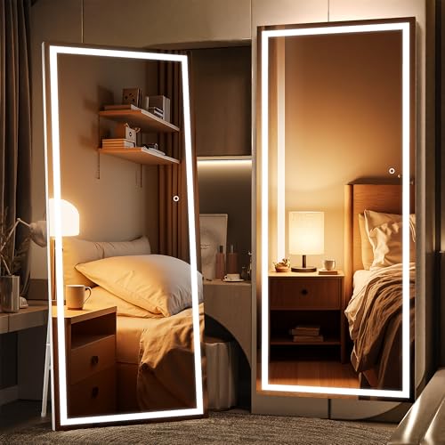 79" x 32" Full Length Mirror with Lights, Large LED Lighted Floor Standing Body Mirror, Dimmable & 3 Color Lighting for Bedroom, Cloakroom, Dressing Room, Tempered Glass, White Frame - color: White, size: 79"L x 32"W