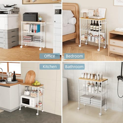 Whitmor 3 Tier Rolling Kitchen Cart,27.6"x10"x21.7”Heavy Duty Metal Storage Cart with Wheels, Adjustable Shelves, Lockable Utility Cart with Wood Top & Portable Handle for Indoor & Outdoor Use, White - size: 27.6 x 10 x 21.7 inches