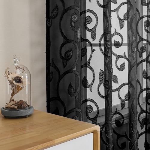 Furman Sheer Curtains 45 Inch Long 2 Panels Set, Airy Jacquard Clip Short Voile Black Curtains for Kitchen Dinning Room Small Windows Bedroom Living Room, Modern Dual Rod Pocket, 28Wx45L inch - color: Black, size: 28"W x 45"L (Pack of 2)