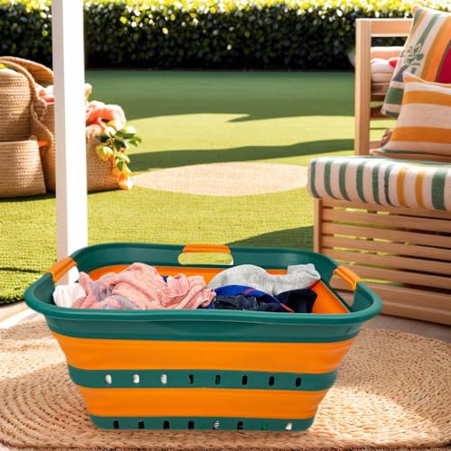 SAMMART 42L (11 gallon) Collapsible Plastic Laundry Basket - Foldable Pop Up Storage Container/Organizer - Space Saving Hamper/Basket (1, Teal Green/Autumn leaf) - color: Teal Green/Autumn leaf