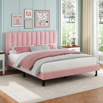 Garvee Queen Size Platform Bed Frame with Upholstered Headboard, Pink | Fully Velvet Upholstered Mattress Foundation with Height Adjustable Headboard, No Box Spring Needed, Easy Assembly - color: Pink, size: Queen