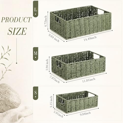 Set of 3 Wicker Storage Basket for Organizing Paper Rope Shelf Baskets Small Wicker Basket with Handles Nested Shelf Organizer Baskets for Closet and Pantry Shelves(Green) - color: Green