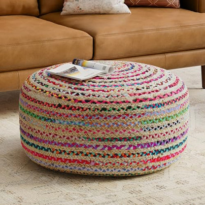 SIMPLIHOME Nate 20" Wide Square Pouf in Light Teal Handwoven Cotton | Versatile boho footstool, braided pouf, extra seating for living room or bedroom with swirl pattern, assembled; pouf ottoman. - color: Multi-color, style: Pouf