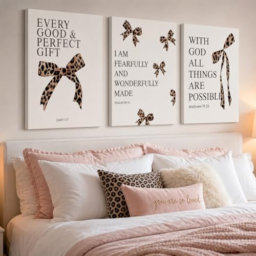 Leopard Bow Wall Art, Y2K Cheetah Print Room Decor for Teen Girls, Inspirational Bible Verses Bow Wall Decor Canvas Pictures Aesthetic for Bedroom Bathroom Dorm 12x16 Inch Framed - color: Leopard print bow, size: 16L"x12W"