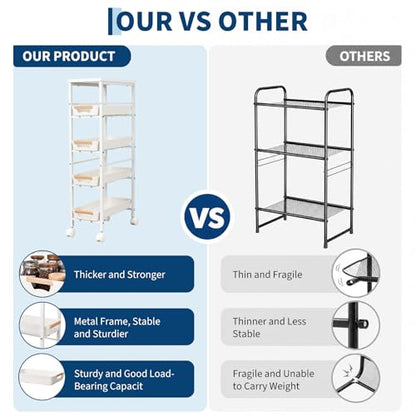 Garvee 5-Tier Slim Rolling Storage Cart, 8.1" Wooden Top Narrow Kitchen Carts on Wheels with Pull-Out Baskets, Mobile Shelving Unit Organizer for Kitchen, Bathroom, Laundry Room, Small Spaces