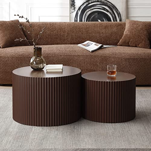 JUSTONE Round Nesting Coffee Table Set of 2 - Space-Saving Brown Modern Wooden Accent Tables for Small Spaces, Handcrafted Wood Side/End/Bedside Tables for Living Room & Bedroom - color: 23.62" Round-brown