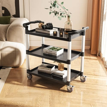 VEVOR Utility Cart, 300 lbs Load Capacity, 3-Tier Utility Plastic Cart with 360° Swivel Wheels (2 with Brakes), 24.4 x 16.1-inch Food Service Cart for Warehouse, Office, Home, Restaurant, Kitchen | Utility Cart Equipped with Brake Casters, Multi-Purpose S