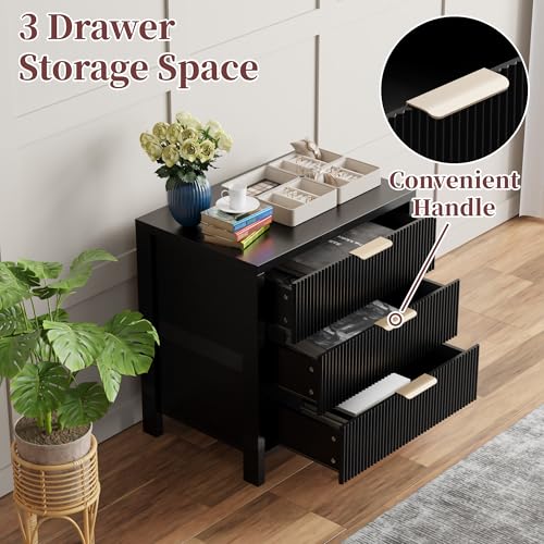 Fluted Nightstand, 23.7'' Wide Night Stand with 3 Drawers, Mid-Century Modern Bedside Table with Handles, Wood End Table for Bedroom, Black - color: Black