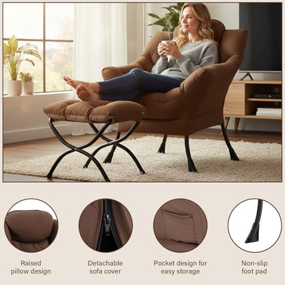 Welnow Lazy Chair with Ottoman, Reading Chair with Footrest,Dark Brown | A Side Pocket,Armrests,Foldable Footrest,Thick Cushioned Seat & Backrest, Lounge Chair for Bedroom,Living Room & Small Space - color: Dark Brown