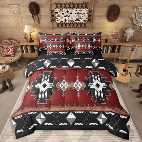 Erosebridal Rustic Western Full Bedding Set 7 Piece, Southwestern Aztec Sheet Sets for Boys Teens Men Bedroom, Exotic American Native Comforter Set Vintage Bohemian Geometric Bed in A Bag, Red Black - color: Red Grey Black, size: Full