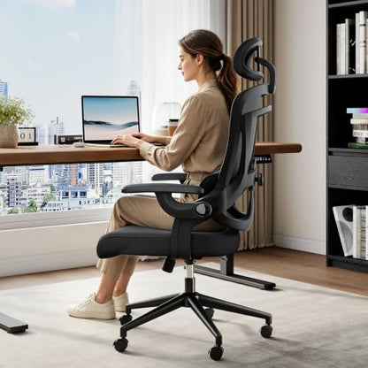 DUMOS Executive Home Office Chair, Ergonomic Computer Desk Chair, Mesh | 300 LBS, High Back, 2D Headrest, Adjustable Lumbar Support, Flip-up Armrests, Swivel Wheels, Black - color: Black