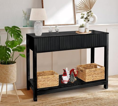 Fluted Console Table, Long Console Tables for Entryway 48" Vanity Desk, Black Boho Entry Table Narrow Modern Hallway Table Modern Sofa Table for Living Room - color: Black-4 Legs