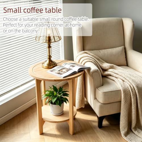Solid Wood Round Side Table for Living Room, Bedroom | 2-Tier Wooden End Tables, Mid Century Modern Circular Nightstand Bedside Table, Easy Assembly (Natural Wood) - color: Natural Wood