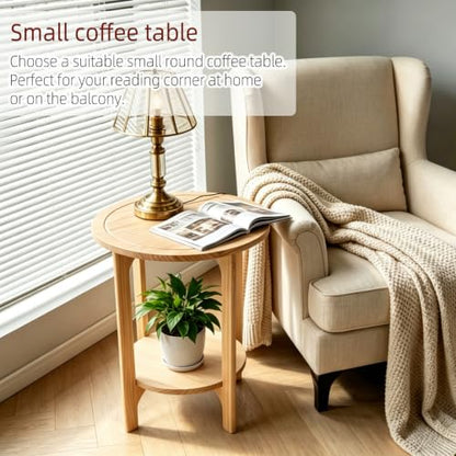 Solid Wood Round Side Table for Living Room, Bedroom | 2-Tier Wooden End Tables, Mid Century Modern Circular Nightstand Bedside Table, Easy Assembly (Natural Wood) - color: Natural Wood