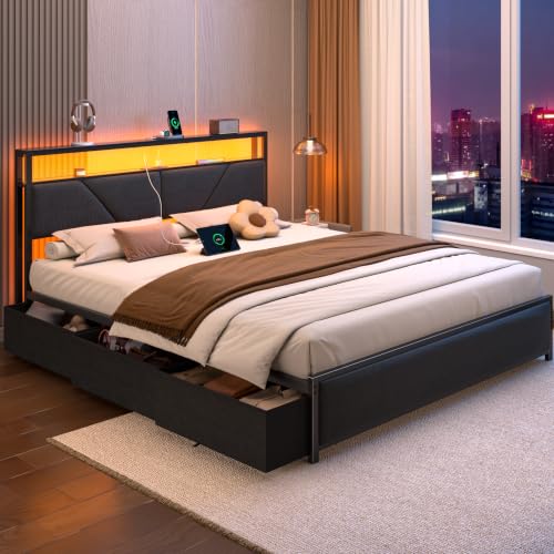 Queen Bed Frame with Storage Headboard, 6 Drawers, LED & Charging | 2-Tier Fabric Upholstered Headboard, Charging Station&RGB Lights, No Box Spring Needed, easy assembly, Noise-Free - color: Dark Gray, size: Queen