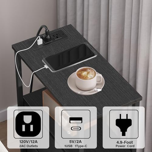 TUTOTAK Narrow LED End Table with Charging Station, Skinny Side Table | Bedside Table with Outlets, Nightstand with 2 Cloth Drawers, Couch Table for Living Room, Bedroom, Black TB01BK056 - color: Black, style: 2 Drawers with Plug & Light
