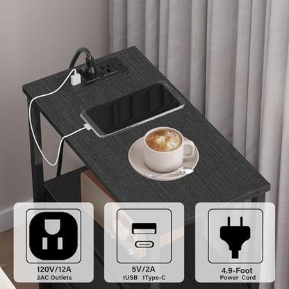 TUTOTAK Narrow LED End Table with Charging Station, Skinny Side Table | Bedside Table with Outlets, Nightstand with 2 Cloth Drawers, Couch Table for Living Room, Bedroom, Black TB01BK056 - color: Black, style: 2 Drawers with Plug & Light